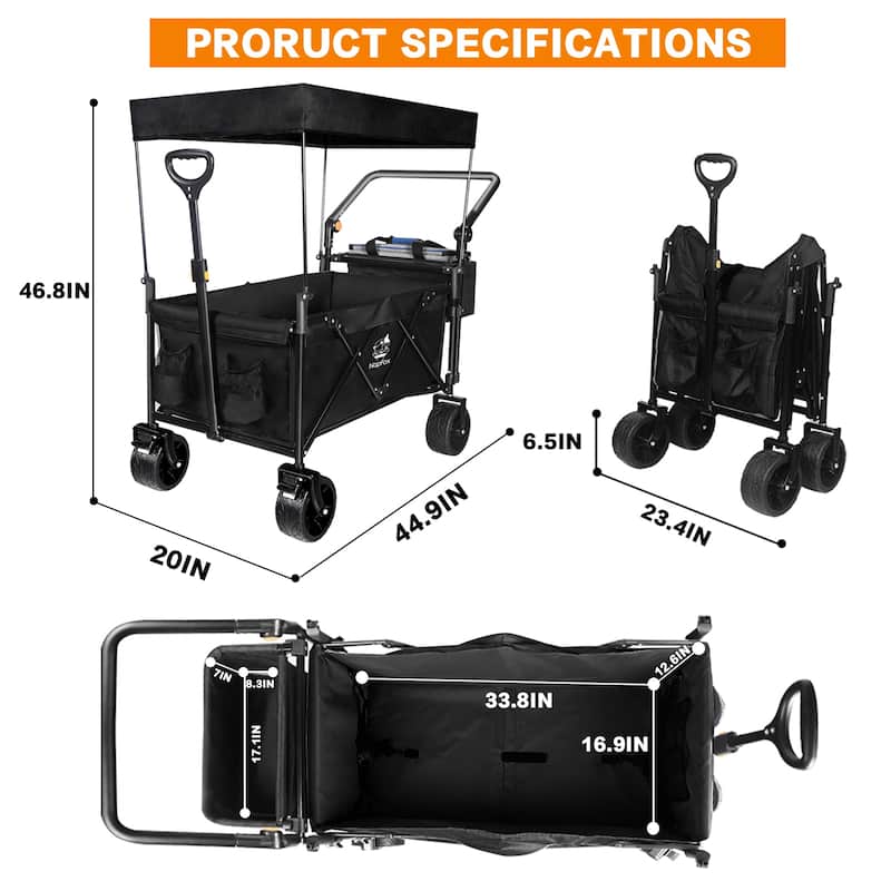 140L All-Terrain Collapsible Wagon with Removable Canopy & Cooler Bag - Folding Utility Cart with Brake