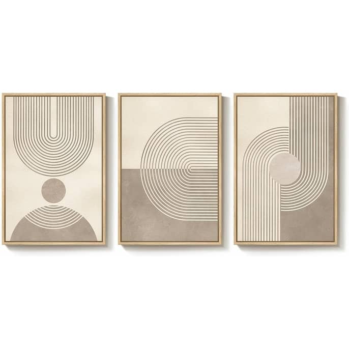 3 Piece Mid Century Beige Painting Prints, Brown Modern Geometric