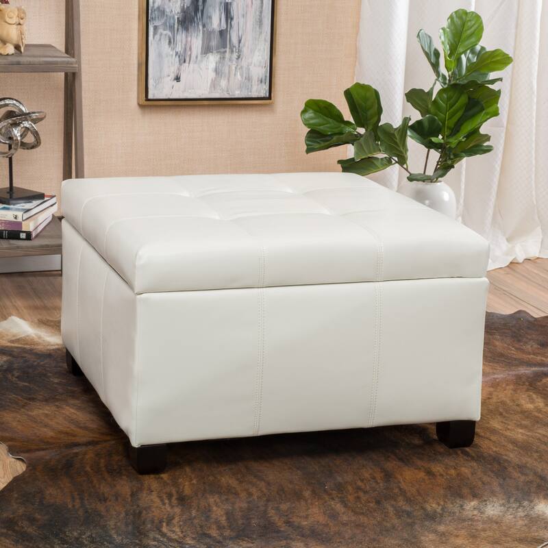 Roomfitters Upholstered Storage Ottoman Bench, Square Faux Leather Ottoman Coffee Table with Tray and Hinged Lid - Ivory