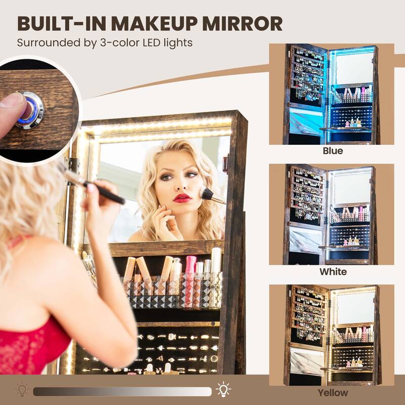 Costway 360° Swivel Jewelry Cabinet Organizer 3-Color LED Mirror with - See Details