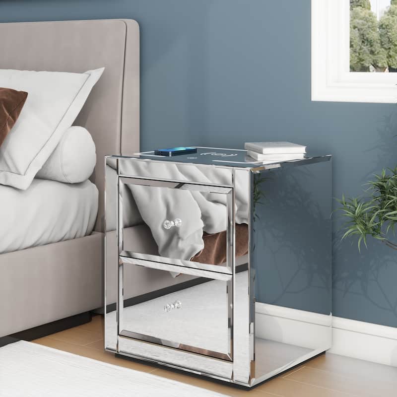 Nightstand Mirror Glass Top with Wireless Charging Station LED Light - Silver