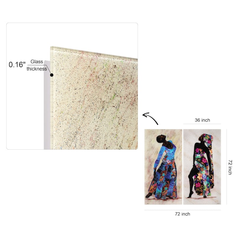 "Her Beauty I & II" Oversized 72"x 36" Frameless Free-Floating Reverse Printed Tempered Art Glass Panels Set