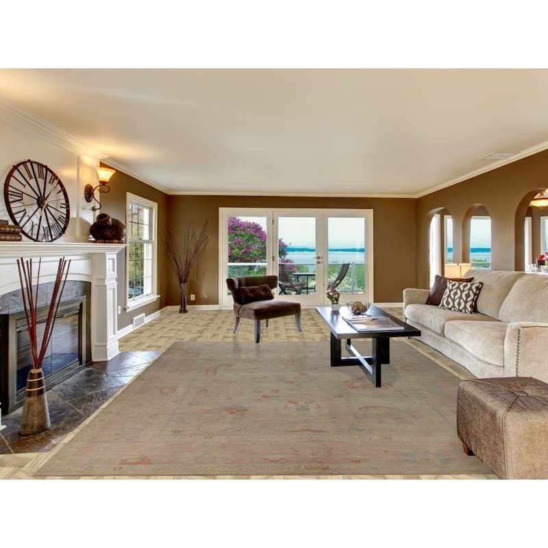 Hand Knotted Oriental 100% Wool Carpet Transitional All-Over Beige & Ivories Oushak Area Rug - 12' 0'' X 9' 2''