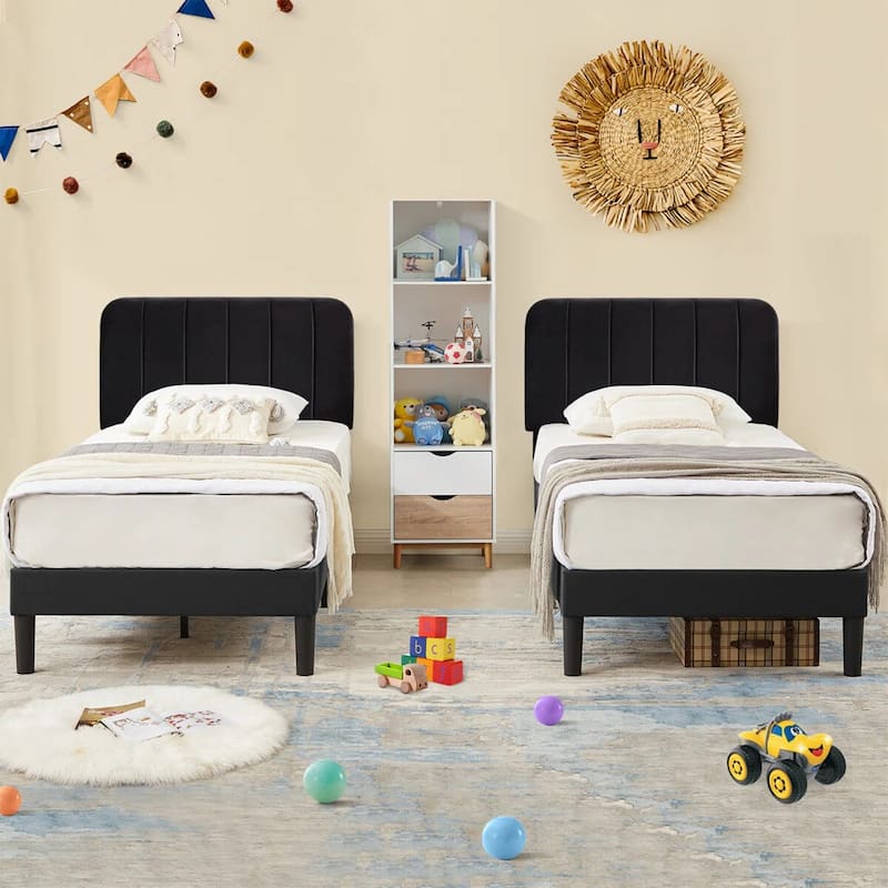 2 Pack Kids Bed Frame Height Adjustable Upholstered Headboard Bed Twin Size Bed Set of 2 - Set of 2 - Black