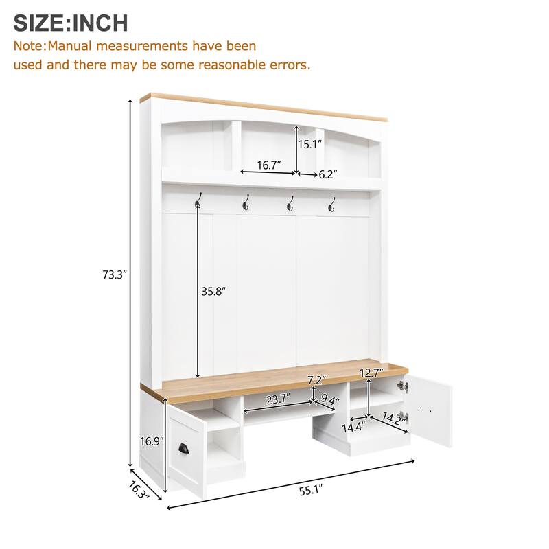 55.1 in Wide Farmhouse Hall Tree, Wood Grain Bench & Top, 4-in-1 Entryway Coat Rack with Adjustable Shelves