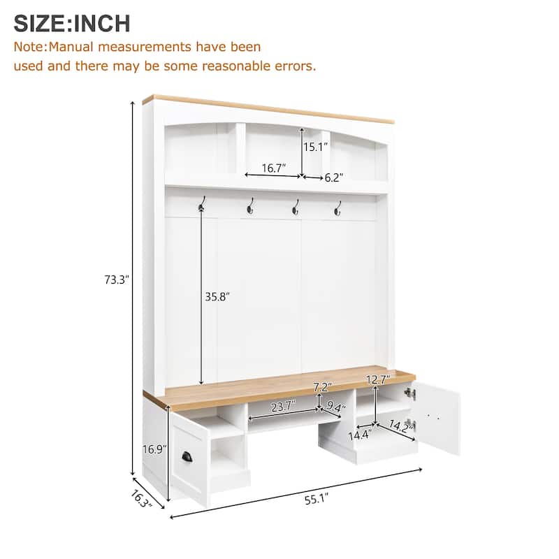 Farmhouse Hall Tree with Wood Grain Bench, Hooks and Bottom Cabinets