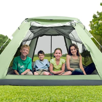 94"W x 94"D x 59"H Pop-Up Open 4-Person Family Camping Tent Green