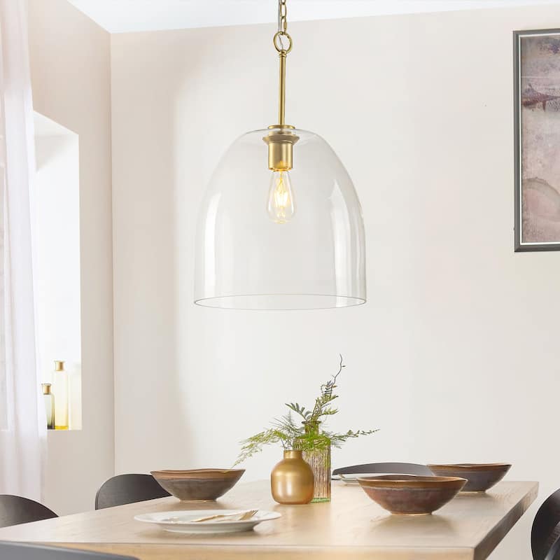 1-Light 14.6" Modern Brushed Brass Bell-Shaped Dome Clear Glass Pendant Light for Kitchen Island