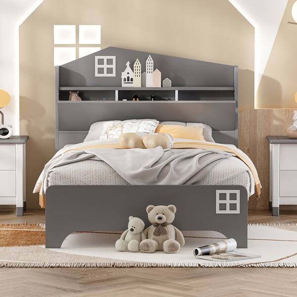 slide 2 of 42, Wooden House Platform Bed w Storage Headboard Bed Grey - Twin