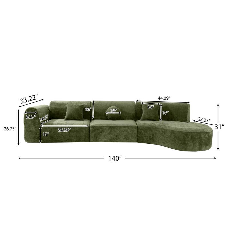 140" Curved Sectional Sofa with 3 Pillows, No Assembly Required
