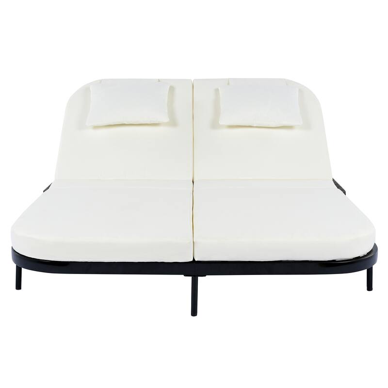 Outdoor Double Chaise Lounge Chair with 5-Position Adjustable Backrest, Patio PE Rattan Reclining Chair 2-Person Sunbed Daybed