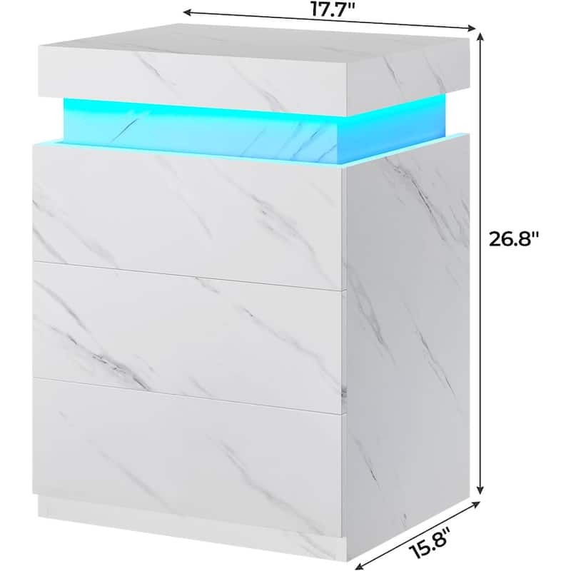 Bedroom Nightstand Charging Station LED Lights Sliding Top 3 Drawers