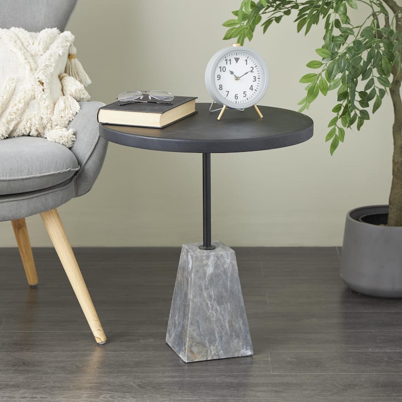 Wood Geometric Side End Accent Table with Gray Marble Pyramid Base - Black - Roche River Decor