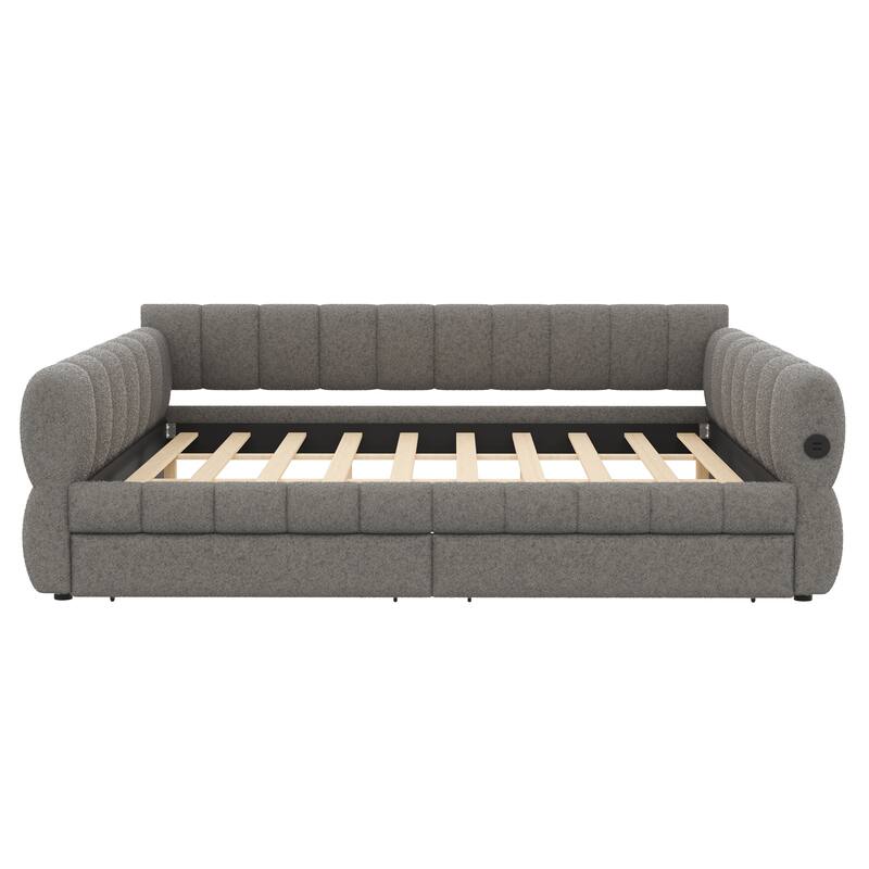 Upholstered Daybed with USB and Optional Platform Storage Bed with 2 Storage Drawers or Low Profile Sofa Bed with Trundle Bed