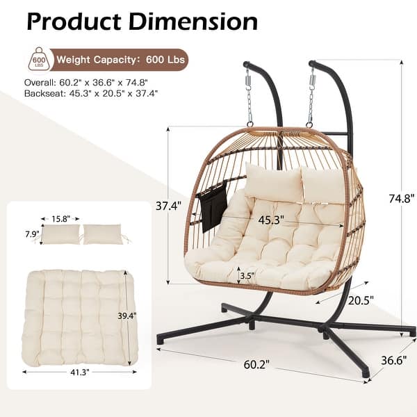 dimension image slide 5 of 6, EROMMY Hanging Egg Chair with Stand, Foldable Indoor/Outdoor Swing Chair includes Cushion and Pillow, Patio Wicker Swing