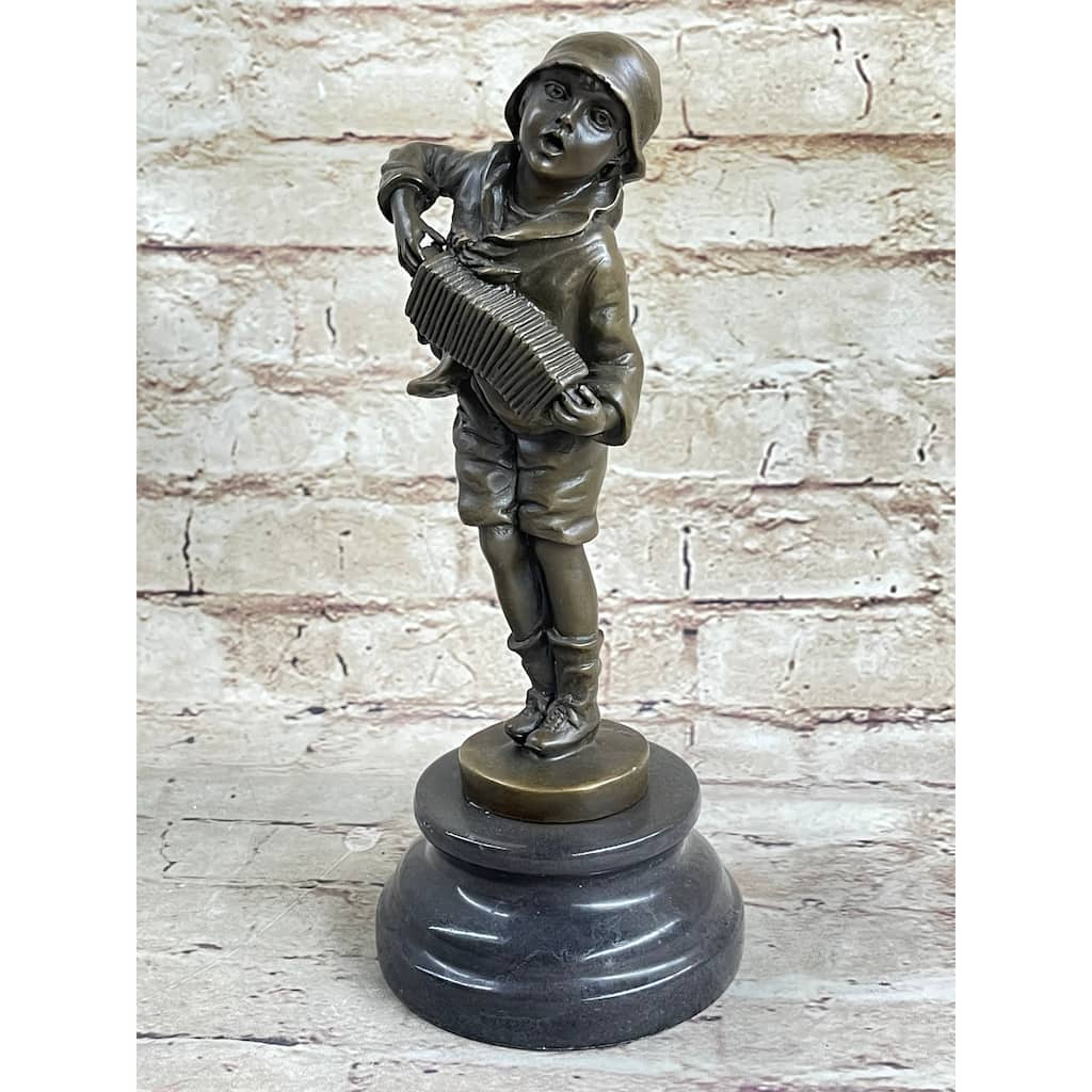 Child Boy Playing Accordion Bronze Statue Sculpture Figure 10 Inches X 4 Inches