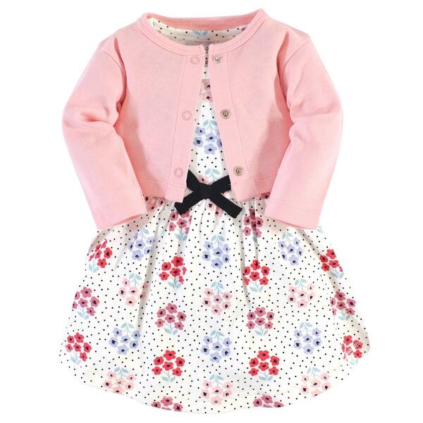 slide 1 of 1, Touched by Nature Baby and Toddler Girl Organic Cotton Dress and Cardigan 2pc Set, Floral Dot 2T - Floral Dot