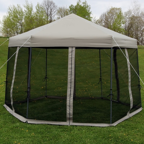 Sunnydaze Quick-Up 12-Foot Instant Hexagon Canopy Gazebo with Rolling Bag - Grey