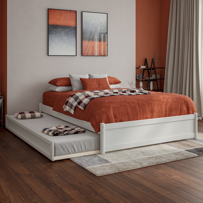 Barcelona Full Panel Platform Bed with Twin Trundle in White