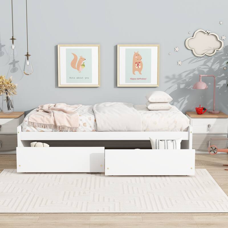 Twin Size Solid Rubber Wood Bed with 2 Drawers
