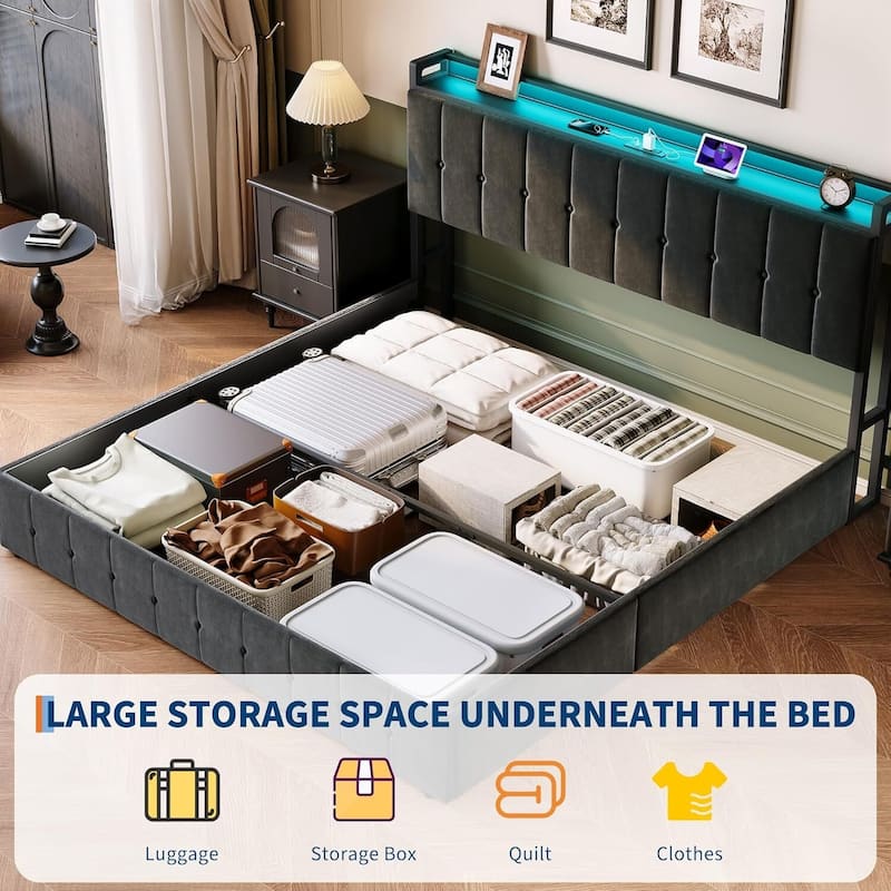 Bed Frame with Lift Up Storage and Charging Station