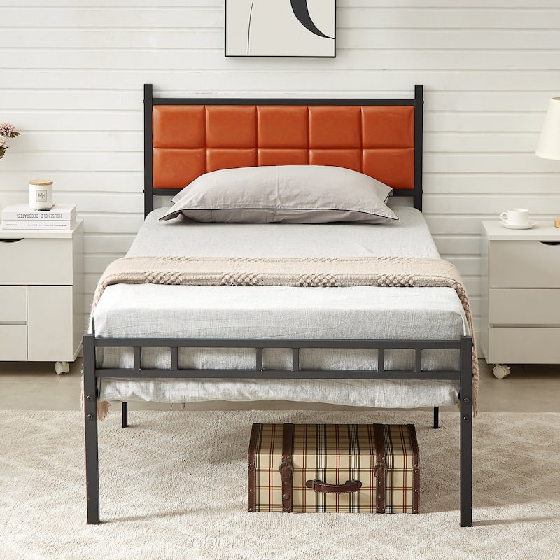 VECELO Faux Leather Tufted Bed, Metal Frame Bed Frame