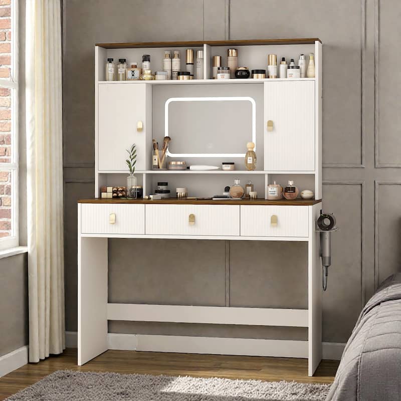 43 Inch Farmhouse Makeup Vanity Table with Lighted Mirror, 3 Drawers and Hair Dryer Holder for Bedroom
