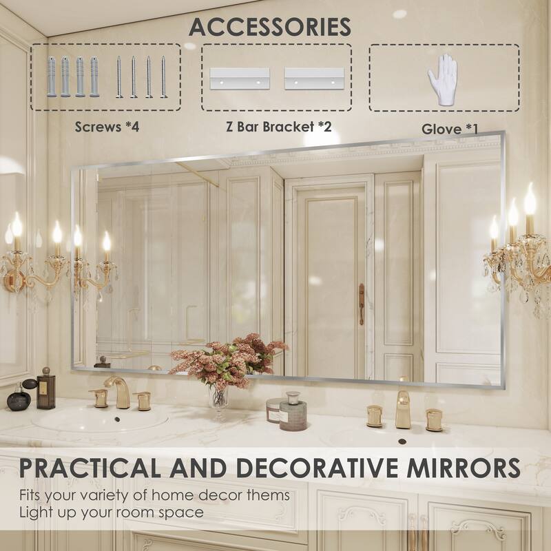 QuivaraView Wall Mounted Aluminum Frame Bathroom Vanity Mirror - 36" x 72" - Silver