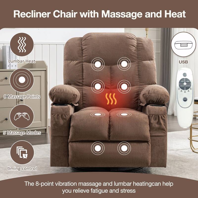 Massage Rocker Recliner Chair with Heat, USB Port, and Cup Holders