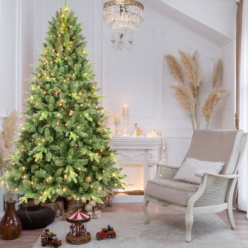 5FT Pre-Lit Christmas Tree with 300 UL Warm White Lights - Classic Green Tree with 967 PE+PVC Tips, Hinged Branches,Metal Stand - Green
