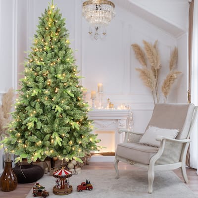 5FT Pre-Lit Christmas Tree with 300 UL Warm White Lights-Classic Green Tree with 967 PE+PVC Tips, Hinged Branches for Easy Setup