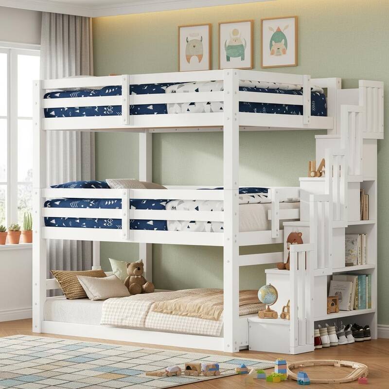 Full Size Triple Bunk Bed with Convertible Platform Bed & Storage Staircase by Harper&Bright Designs - White
