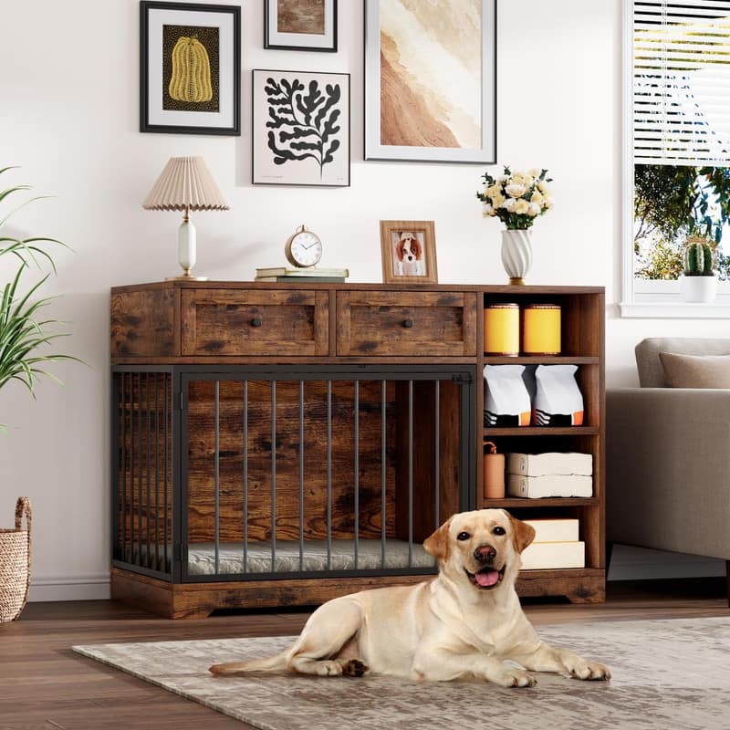 Wooden Dog Cage Furniture Indoor Crate Kennel TV Stand with Drawers Shelves