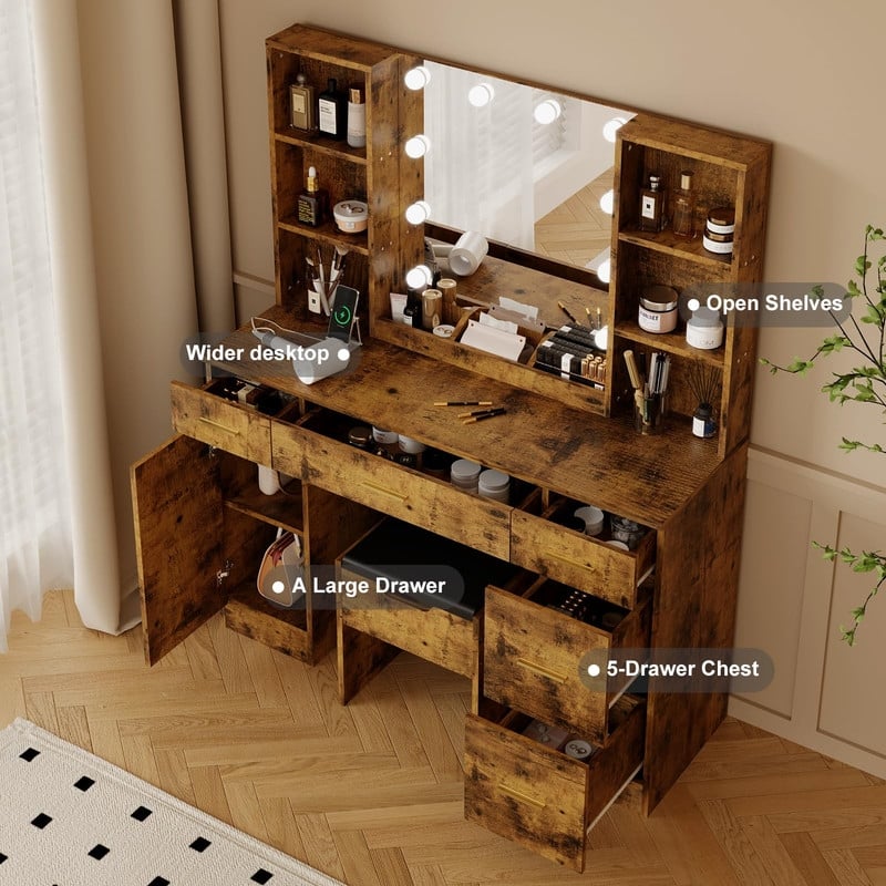 55.7" Dressing Table with LED Lights, Storage Shelves & Stool, Drawers