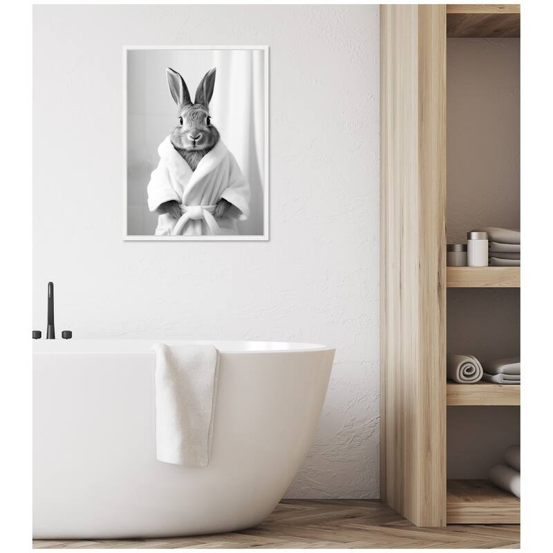 Kate and Laurel Sylvie Bunny Bathroom Art Towel Robe Black and White Framed Canvas by The Creative Bunch Studio