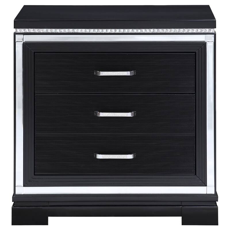 Glam Black 2-Drawer Nightstand with Mirrored Trim, Crystal Border, Felt Lined Drawer and USB Charging Ports