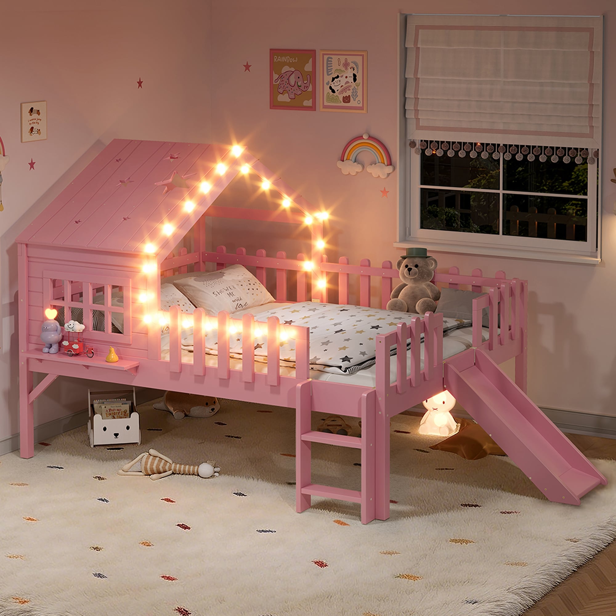 House Loft Bed with Slide and LED Lights, Kids Playhouse Bed with Star & Moon Cutout Roof and Window, Low Loft Bed