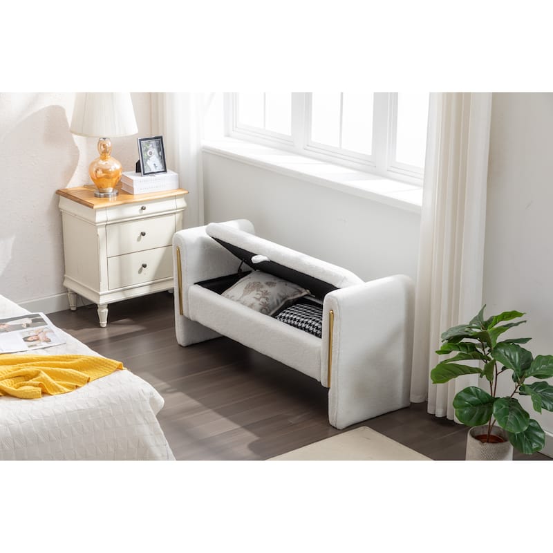 Velvet Fabric Storage Bench Bedroom Bench With Gold Metal Trim Strip For Living Room Bedroom