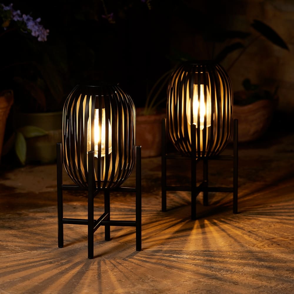 Glitzhome Outdoor Black Metal Striped Freestanding Solar Lantern Deck Lamp