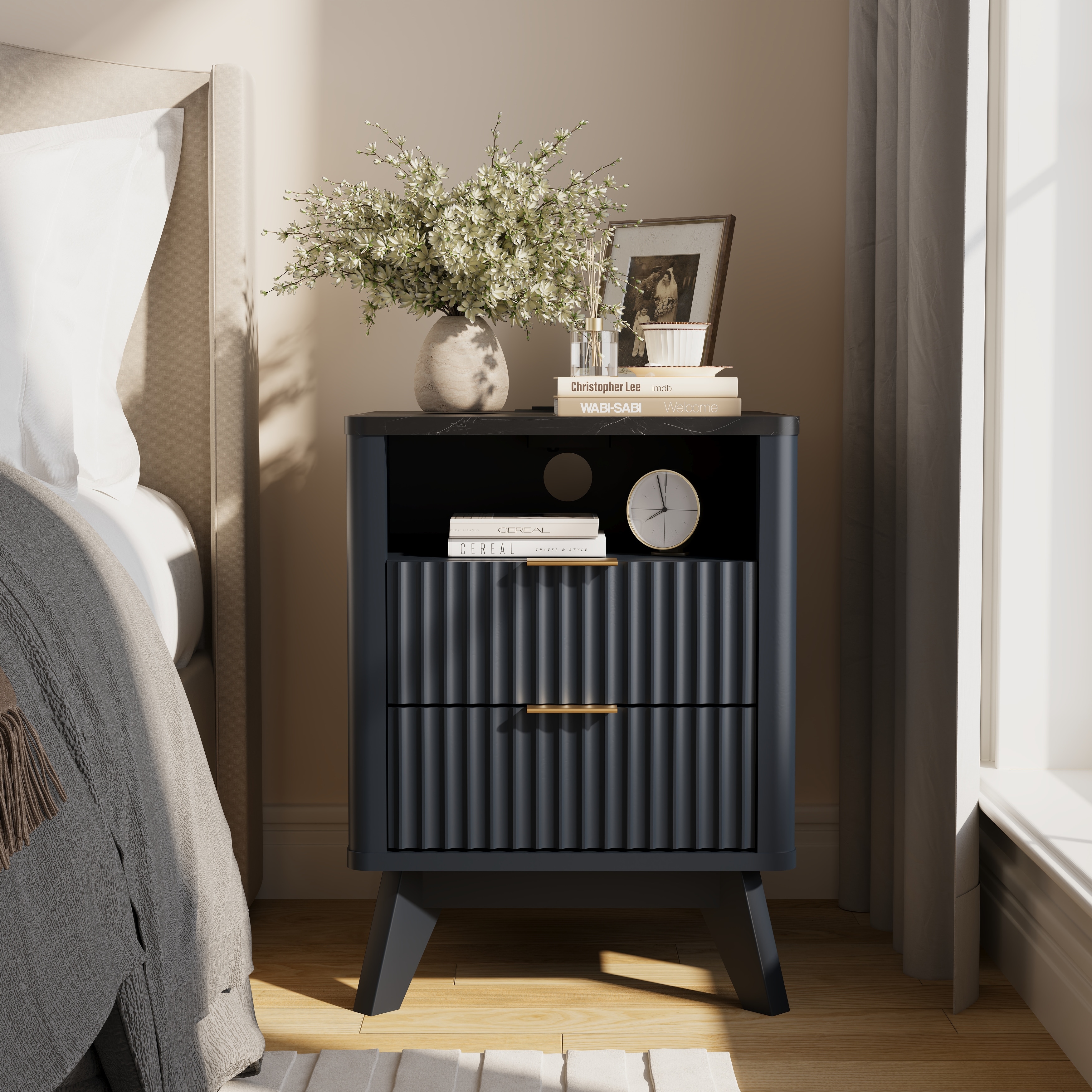 Modern Minimalist Side Table, Fluted Nighstand End Table for Bedroom