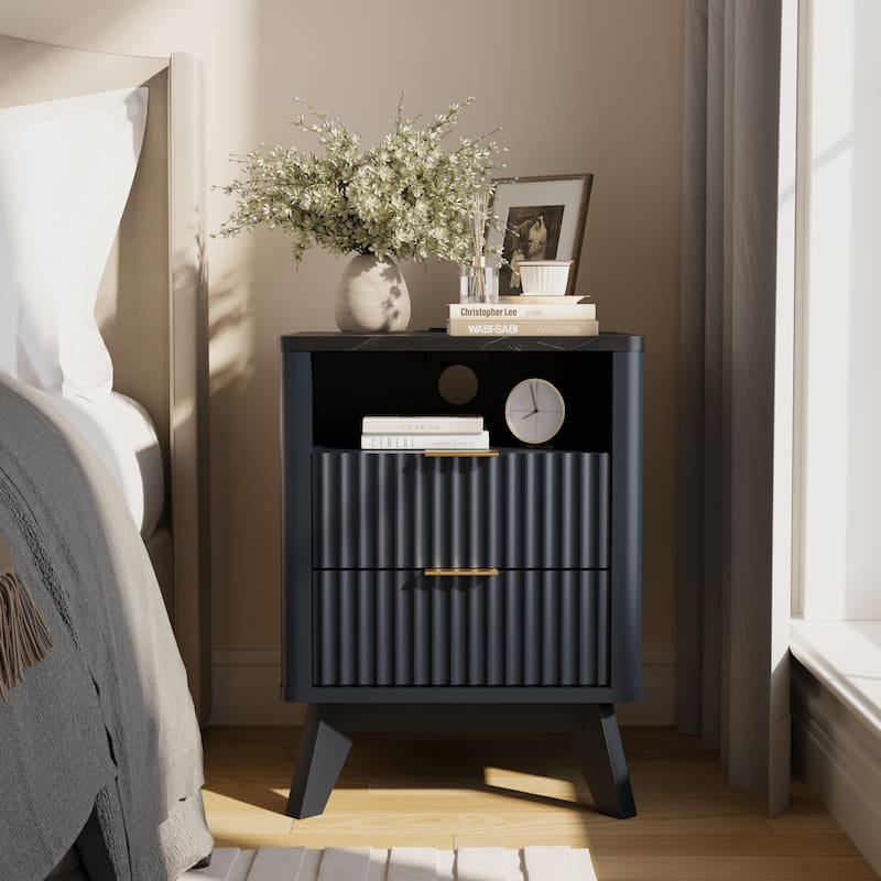 Modern Minimalist Side Table, Fluted Nighstand End Table for Bedroom - Dark Grey
