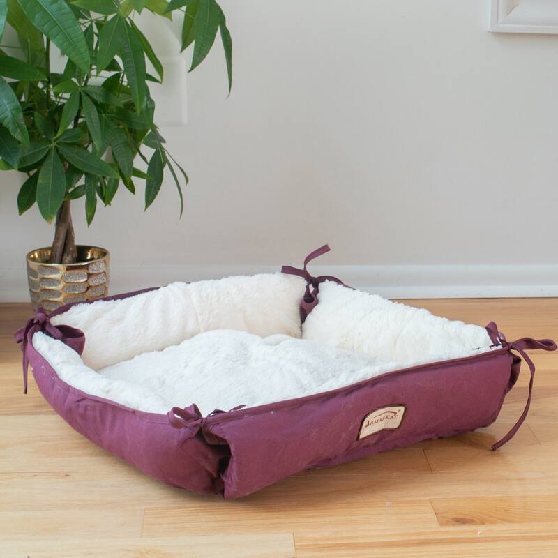 2-In-1 Cat Pet Bed and Fleece Cat Mat, Burgundy/Ivory - 16"L x 16"W x 6"H