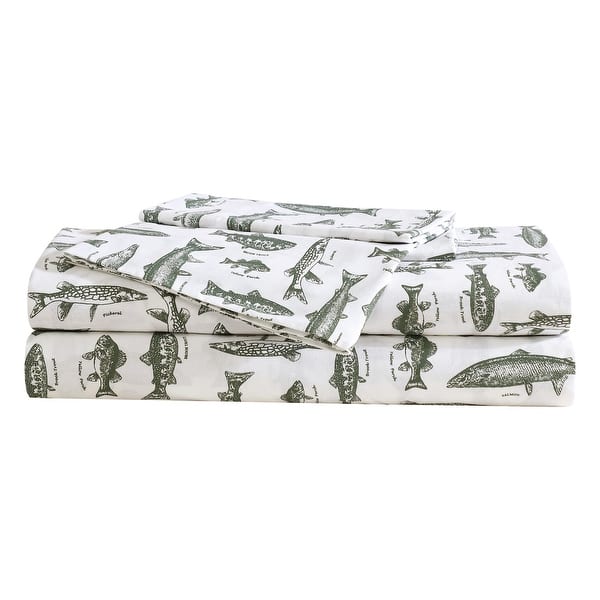 Eddie Bauer Crisp & Breathable Cotton Percale Deep Pocket Sheet Set - Queen - Wes Fish Face Green