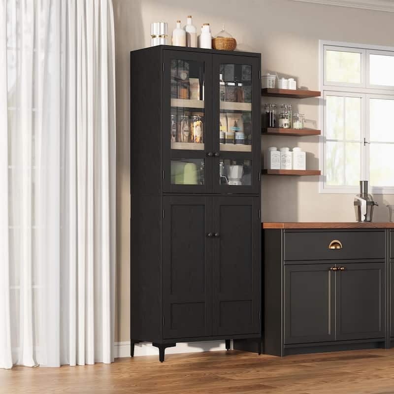 71" Tall Storage Cabinet, Kitchen Pantry Cabinet 5 Tier Bathroom Cabinet with 4 Doors Adjustable Shelves for Kitchen - White - Glass Door