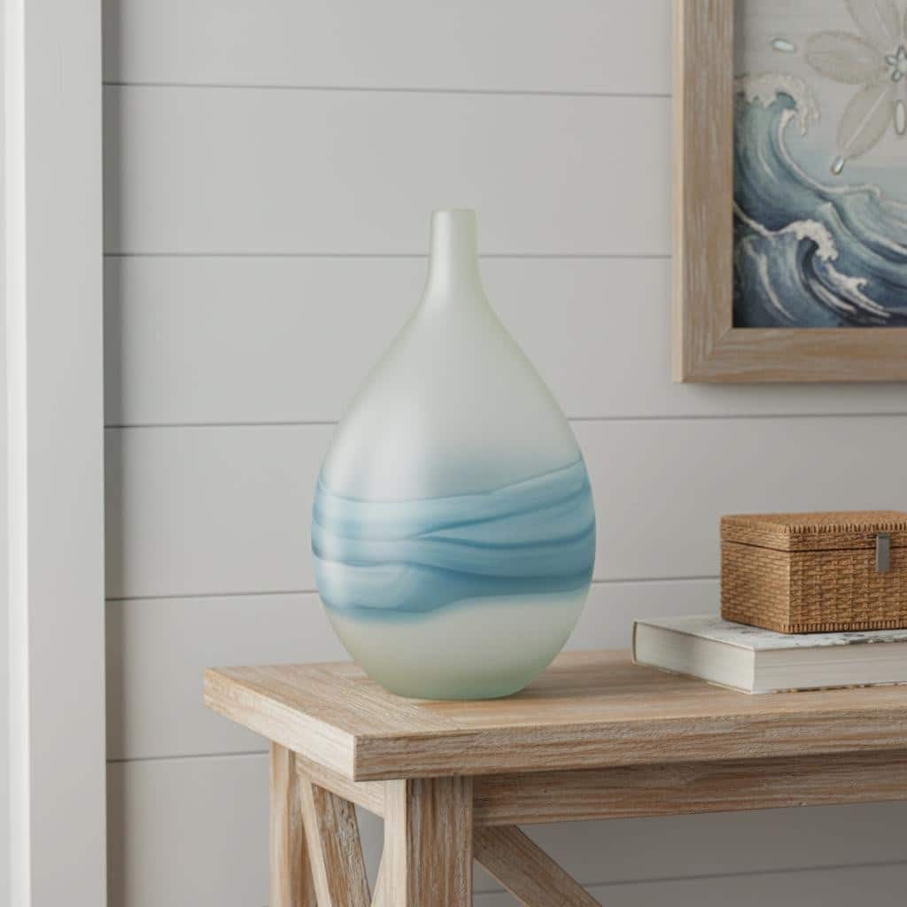 16" White And Blue Swirl Art Glass Table Vase - 10.20