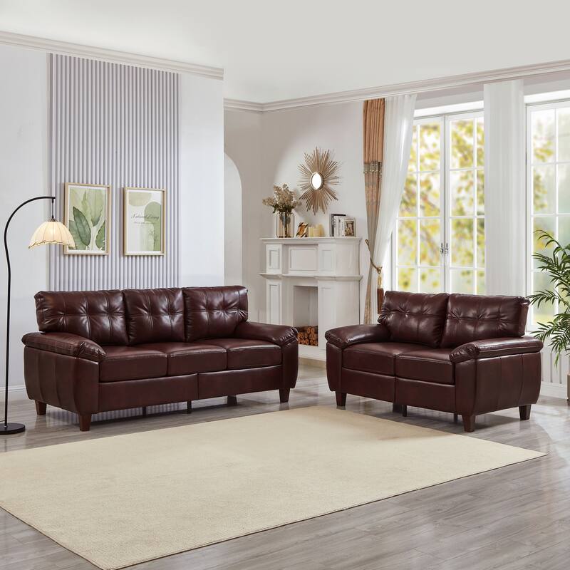 Faux Leather Upholstered Sofa Set of 2 with Loveseat and 3 Seater Couch, Breathable PU Leather Sofa with Storage and Big Armrest - Burgundy
