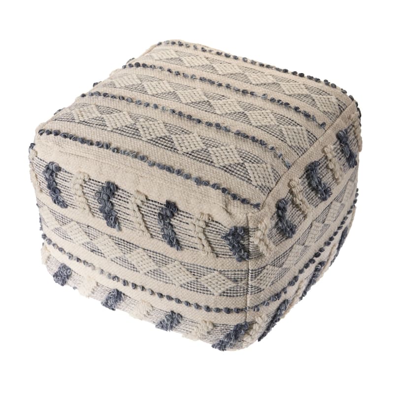 18" Cream and Navy Geometric Tufted Square Wool Pouf Ottoman