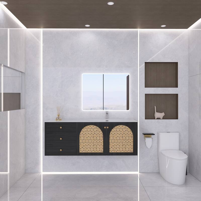 60" Wall-Mounted Bathroom Vanity with White Aluminum Nano Alloy Integrated Sink - 60'' x 20.47'' x 21.85'' - Wood Finish - 60'' x 20.47'' x 21.85'' - Brown Oak