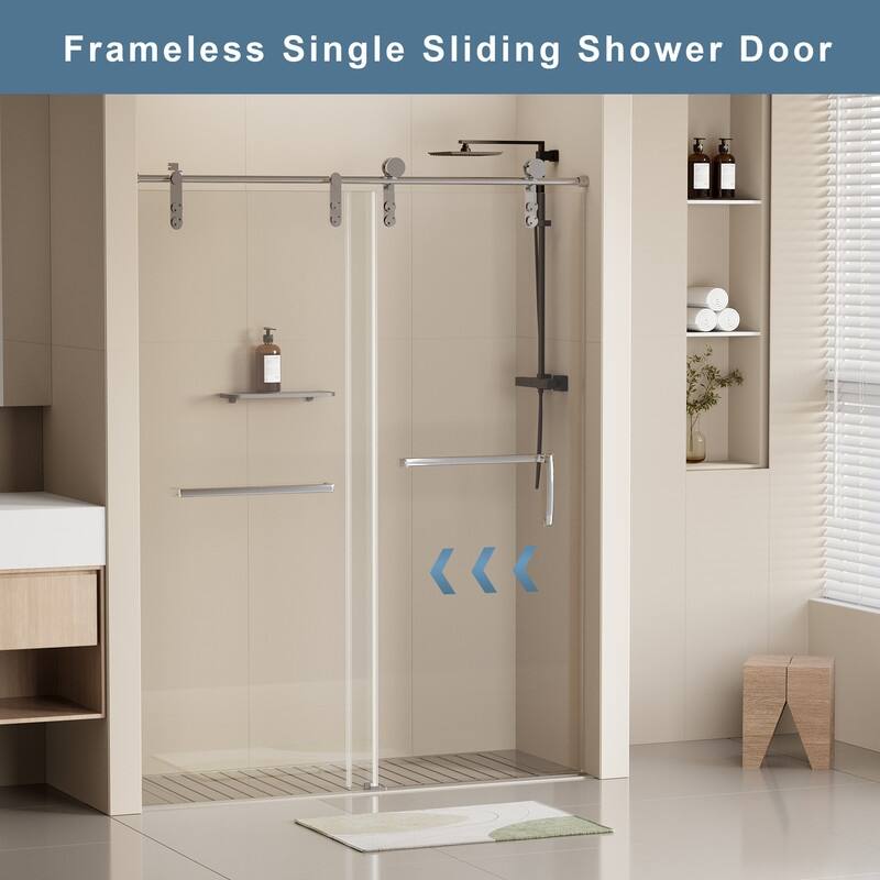 ABRUZZO 44-48" W x 76" H Single Sliding Frameless Shower Door in Chrome with 5/16" (8mm) Tempered Glass Dual Towel Bars