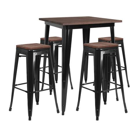 Offex 31.5" Square Black Metal Bar Table Set with Wood Top and 4 Backless Stools